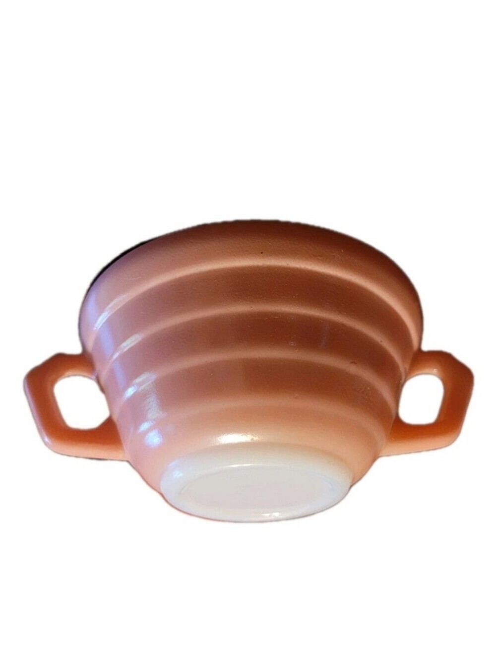 4 Vintage Hazel Atlas Salmon Pink Desert Cups Or Soup Bowl Ribbed Two-Handle MCM